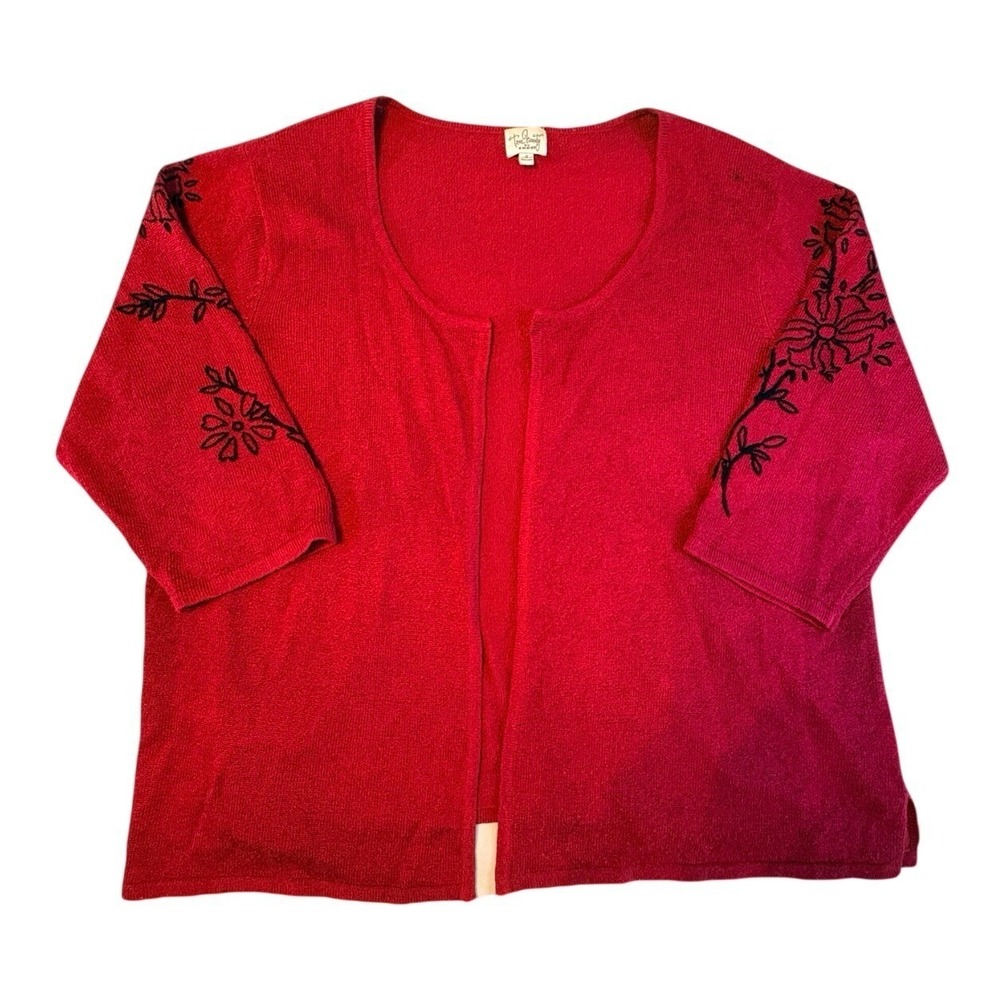 True Beauty by Emme Cardigan Womens 2 Red Floral Embroidered Open Front Sweater